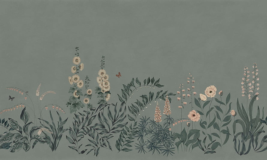 Sage Green Botanical Illustration with Wildflowers and Butterflies HD wallpaper
