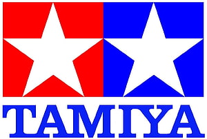 Tamiya Mini 4WD Logo with Red and Blue Star Emblems on White Background HD wallpaper