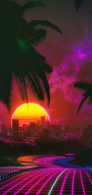 Neon Grid Highway Through Tropical Cityscape Under a Retro Sunset Sky HD phone wallpaper