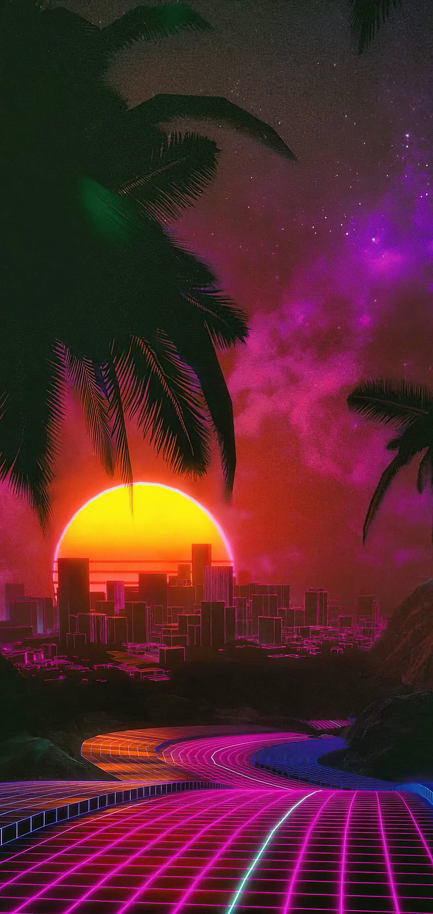 Neon Grid Highway Through Tropical Cityscape Under a Retro Sunset Sky HD phone wallpaper