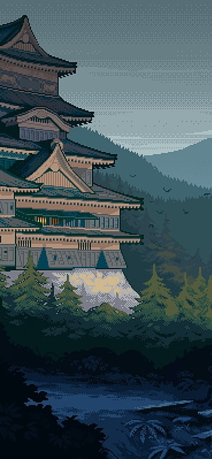 Pixel Art Japanese Temple on a Misty Mountain at Dusk HD phone wallpaper