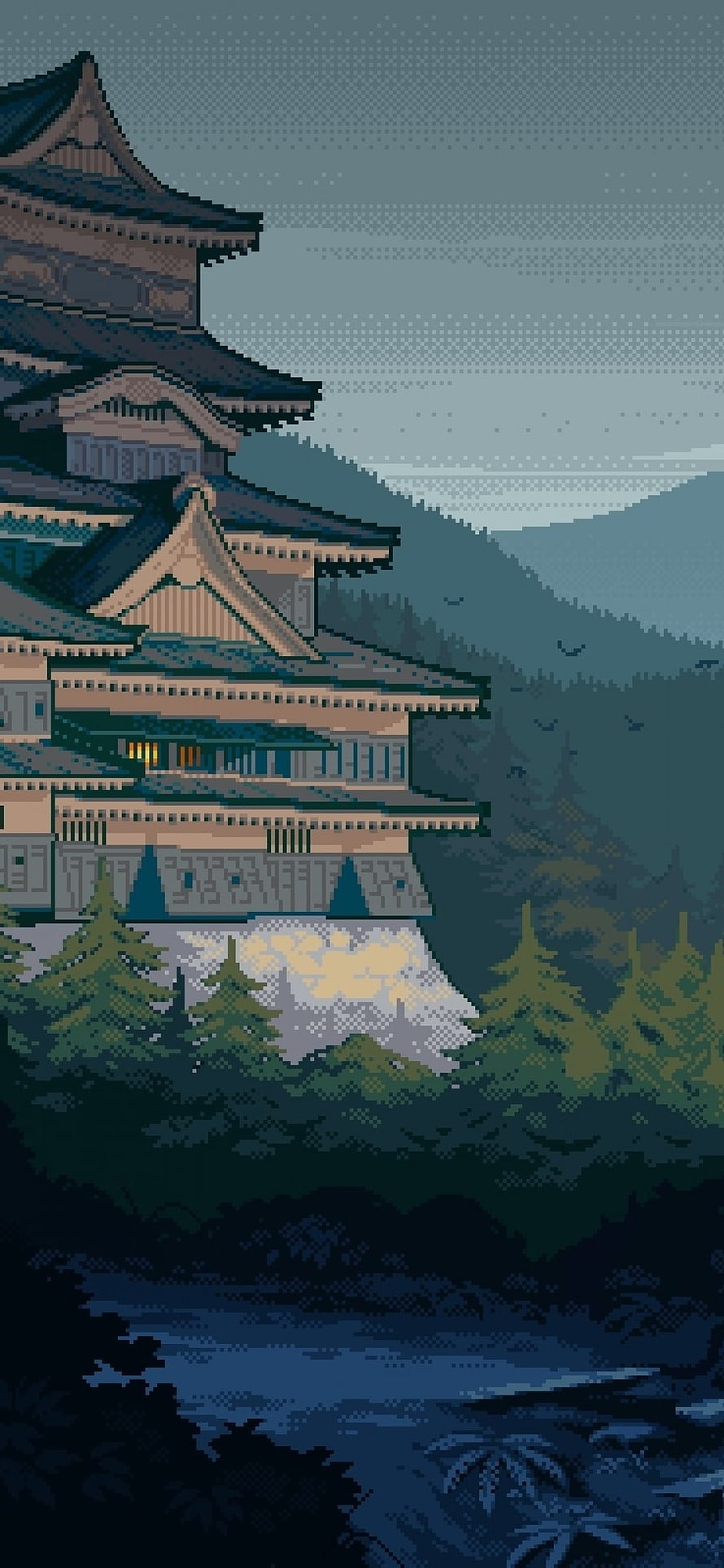 Pixel Art Japanese Temple on a Misty Mountain at Dusk HD phone wallpaper