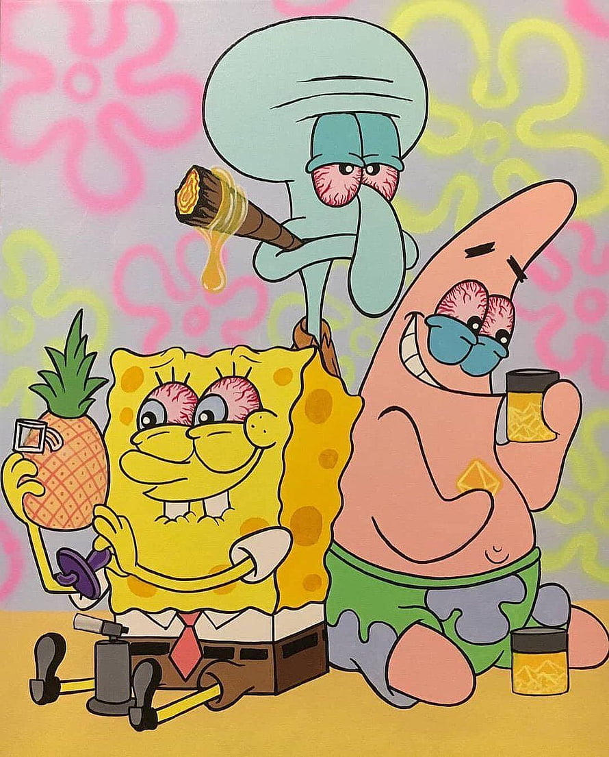 SpongeBob, Patrick, and Squidward in a Stoner Cartoon Illustration HD phone wallpaper