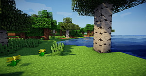 Minecraft Birch Forest Landscape with Lake and Dandelions HD wallpaper