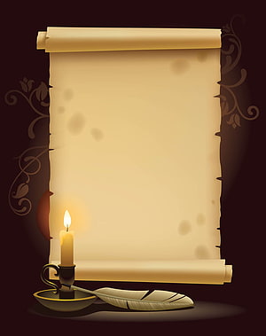 Antique Parchment Scroll with Candle and Quill on Dark Ornamental Background HD phone wallpaper