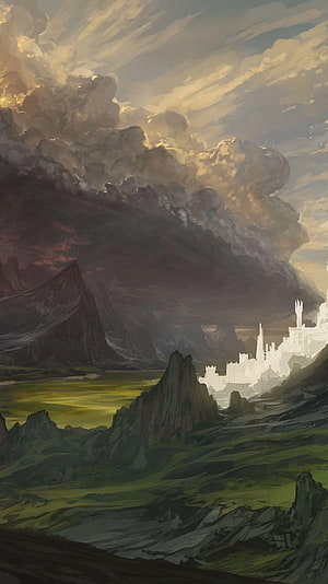 Epic Fantasy Landscape with White Castle and Dark Mountains in Digital Art Style HD phone wallpaper