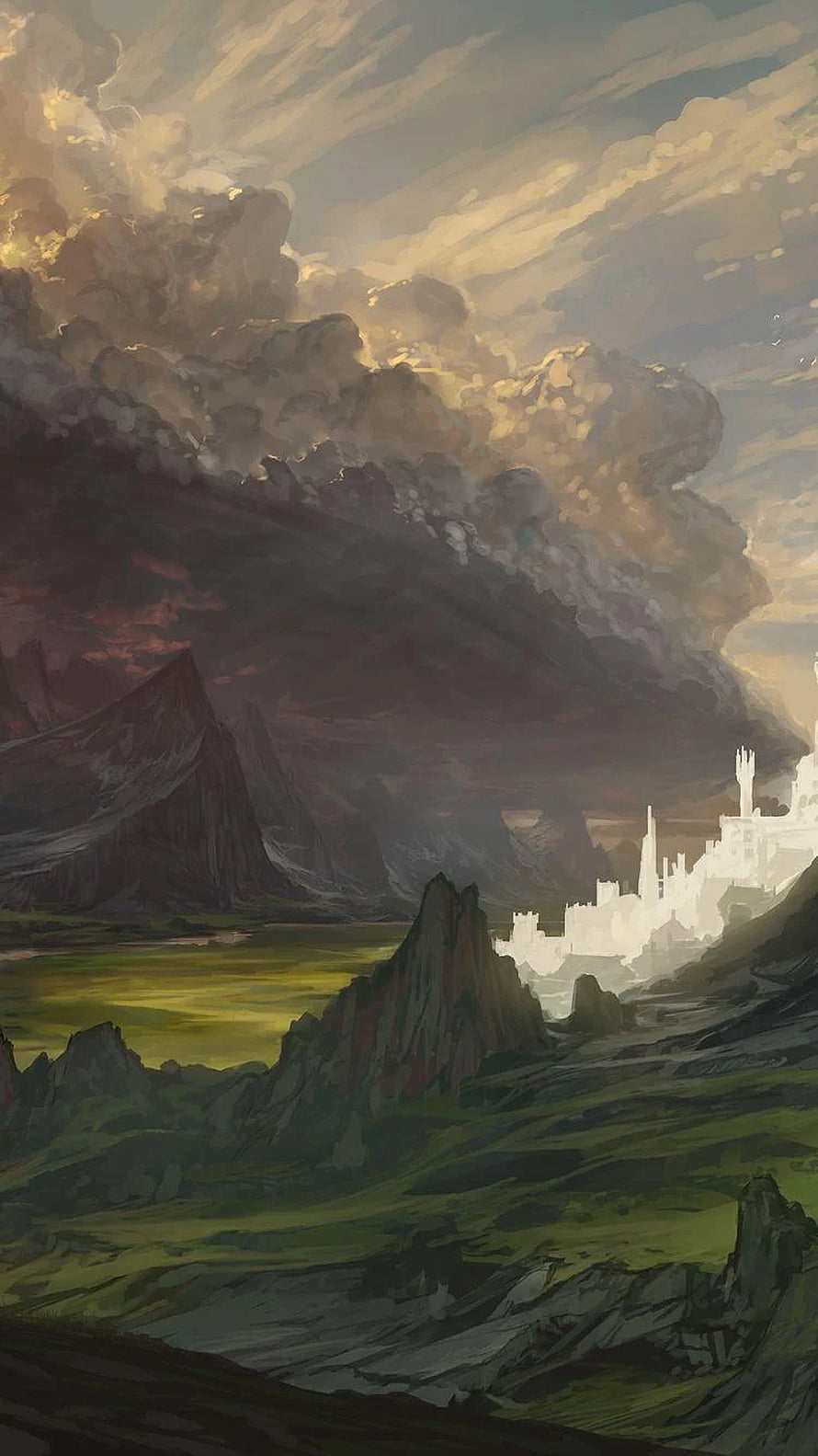 Epic Fantasy Landscape with White Castle and Dark Mountains in Digital Art Style HD phone wallpaper