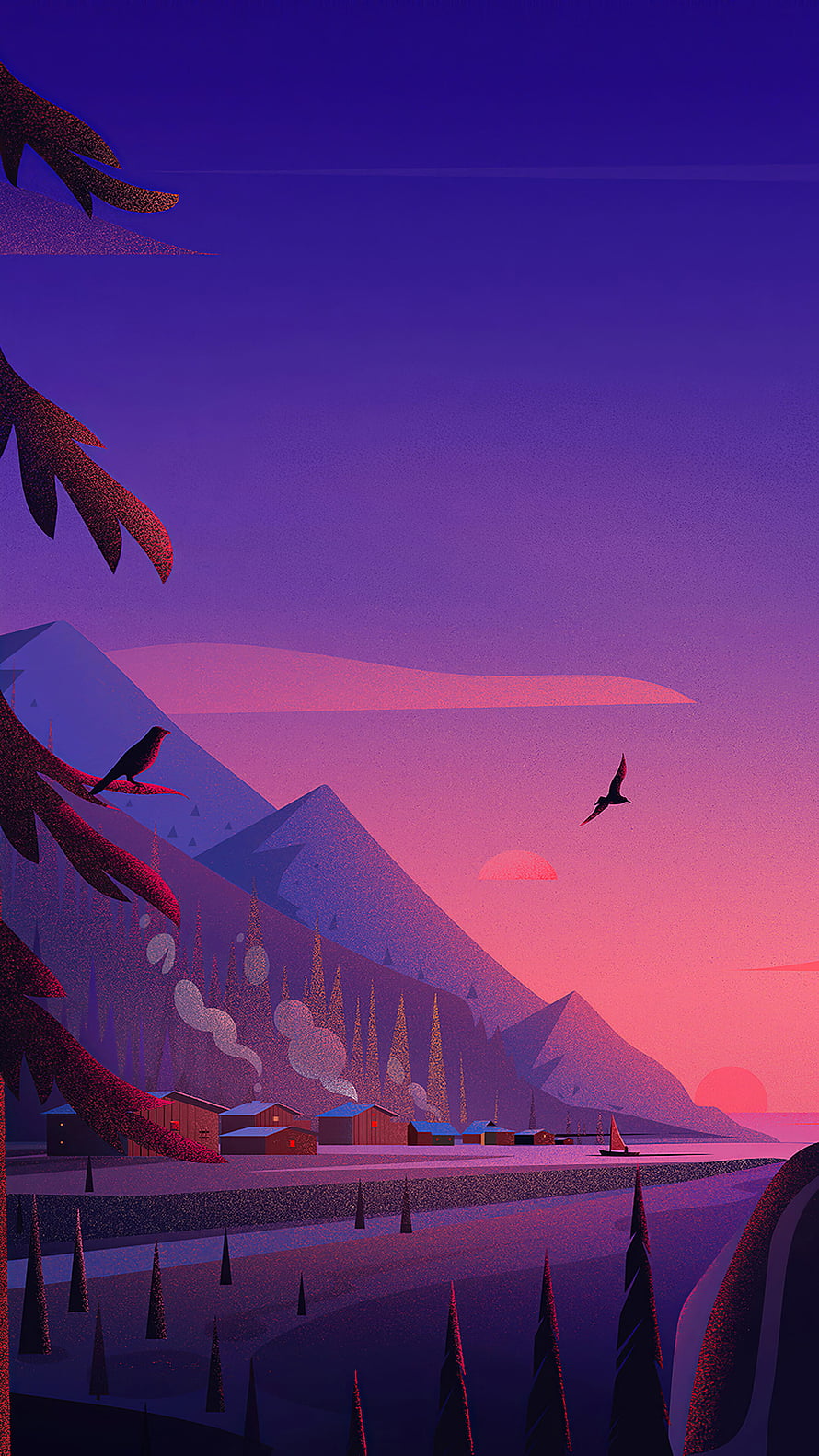 Stylized Digital Illustration of a Mountain Village at Sunset with Birds and Pine Trees HD phone wallpaper