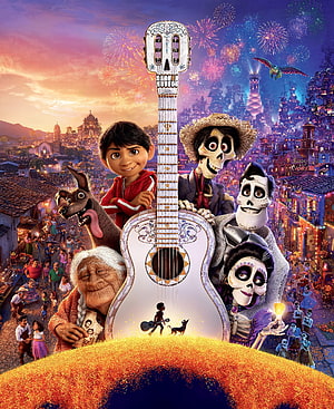 Coco Movie Poster Featuring Miguel, Hector, and the Rivera Family with a Giant Guitar HD phone wallpaper