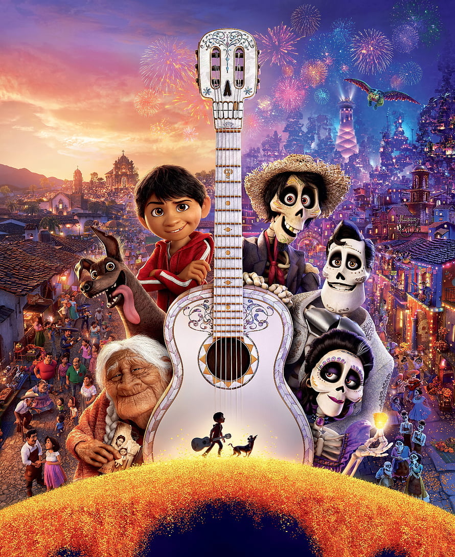 Coco Movie Poster Featuring Miguel, Hector, and the Rivera Family with a Giant Guitar HD phone wallpaper