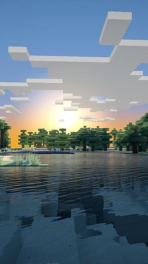 Minecraft Sunset Lake Scene With Blocky Trees and Reflective Water HD phone wallpaper
