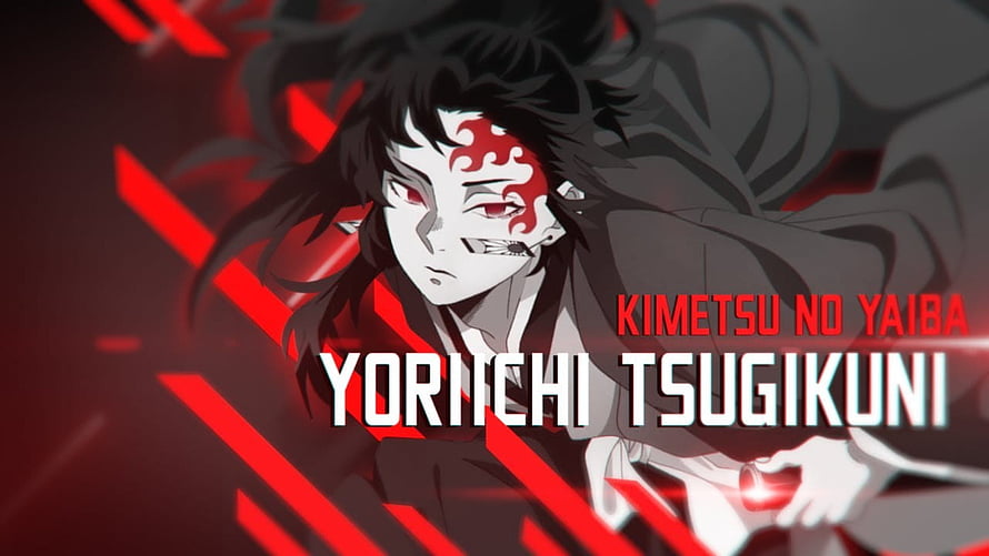 Yoriichi Tsugikuni from Demon Slayer with red markings and dark hair in dramatic anime style HD wallpaper