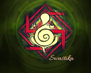Traditional Swastika Symbol Artwork with Spiral Design and Sacred Geometry on Green Background HD wallpaper