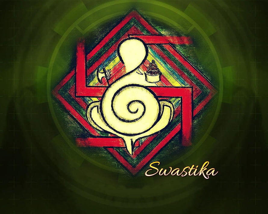 Traditional Swastika Symbol Artwork with Spiral Design and Sacred Geometry on Green Background HD wallpaper