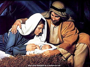 Nativity Scene with Baby Jesus, Mary, and Joseph in a Manger HD wallpaper