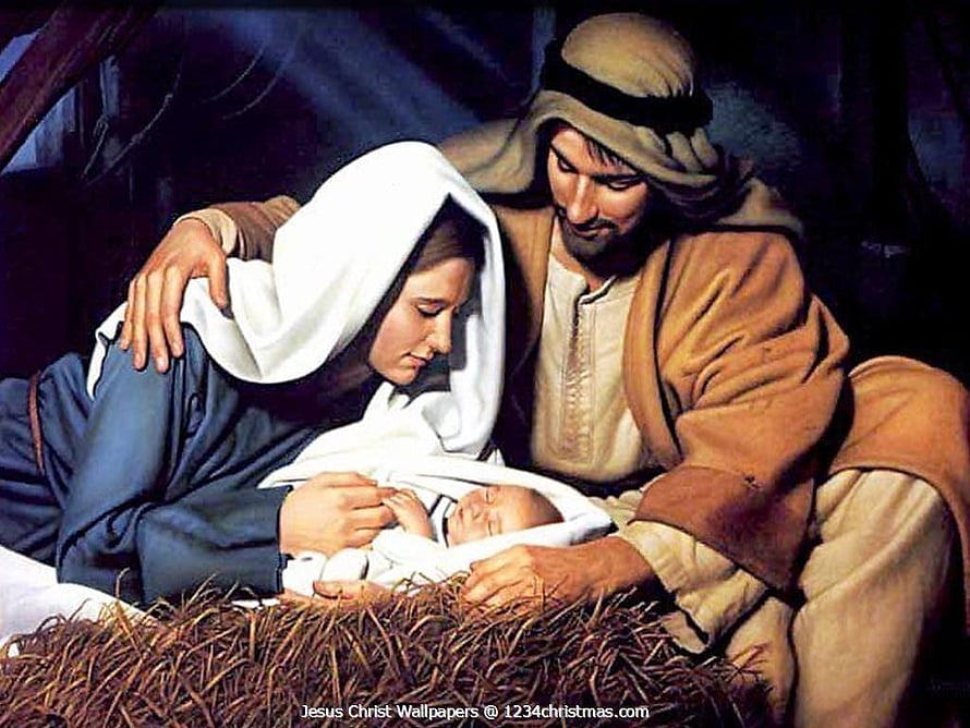 Nativity Scene with Baby Jesus, Mary, and Joseph in a Manger HD wallpaper