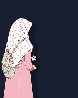 Muslim girl in pink hijab holding a white flower with a backpack on a dark background HD phone wallpaper
