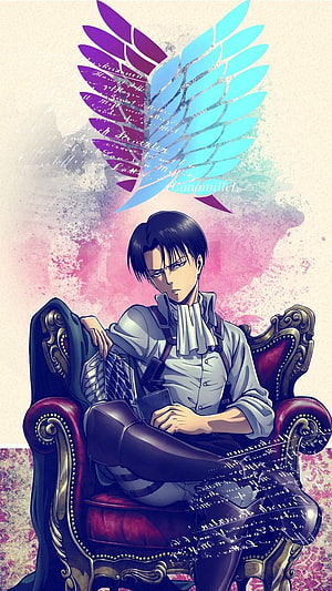 Levi Ackerman from Attack on Titan Seated in an Ornate Armchair with Wings HD phone wallpaper