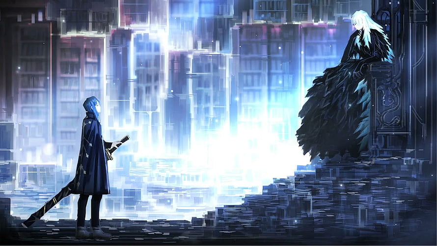 Library of Ruina Prelude Scene with Hooded Figure and Seated Character in Glowing Digital Library HD wallpaper