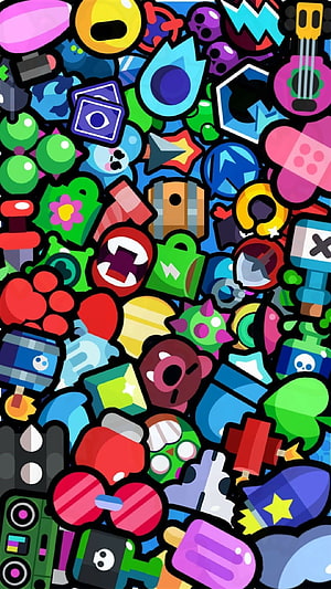 Brawl Stars Character Icons and Game Items Collage Wallpaper HD phone wallpaper