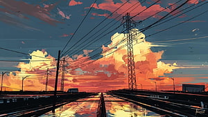 Anime Style Railway Tracks at Sunset with Power Lines and Dramatic Clouds HD wallpaper