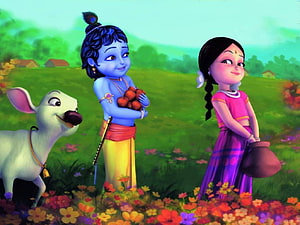 Little Krishna 3D Animation: Blue-Skinned Boy, Girl, and Cow in a Vibrant Flower Field HD wallpaper