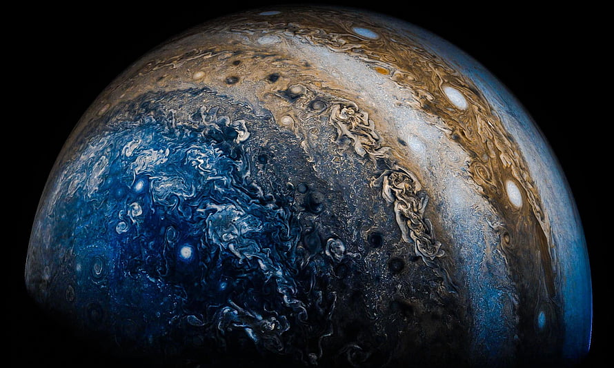 Jupiter Planet Close-Up with Swirling Cloud Bands and Deep Blue Storms in Space HD wallpaper