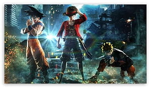 Goku, Luffy, and Naruto in Epic Battle Scene from Jump Force HD wallpaper