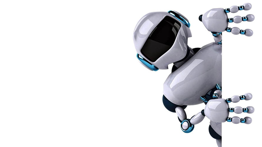 Sleek White and Blue AI Robot Peeking from the Side on a Clean White Background HD wallpaper