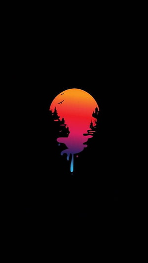 Drippy Aesthetic Sunset Silhouette with Forest and Birds on Black Background HD phone wallpaper