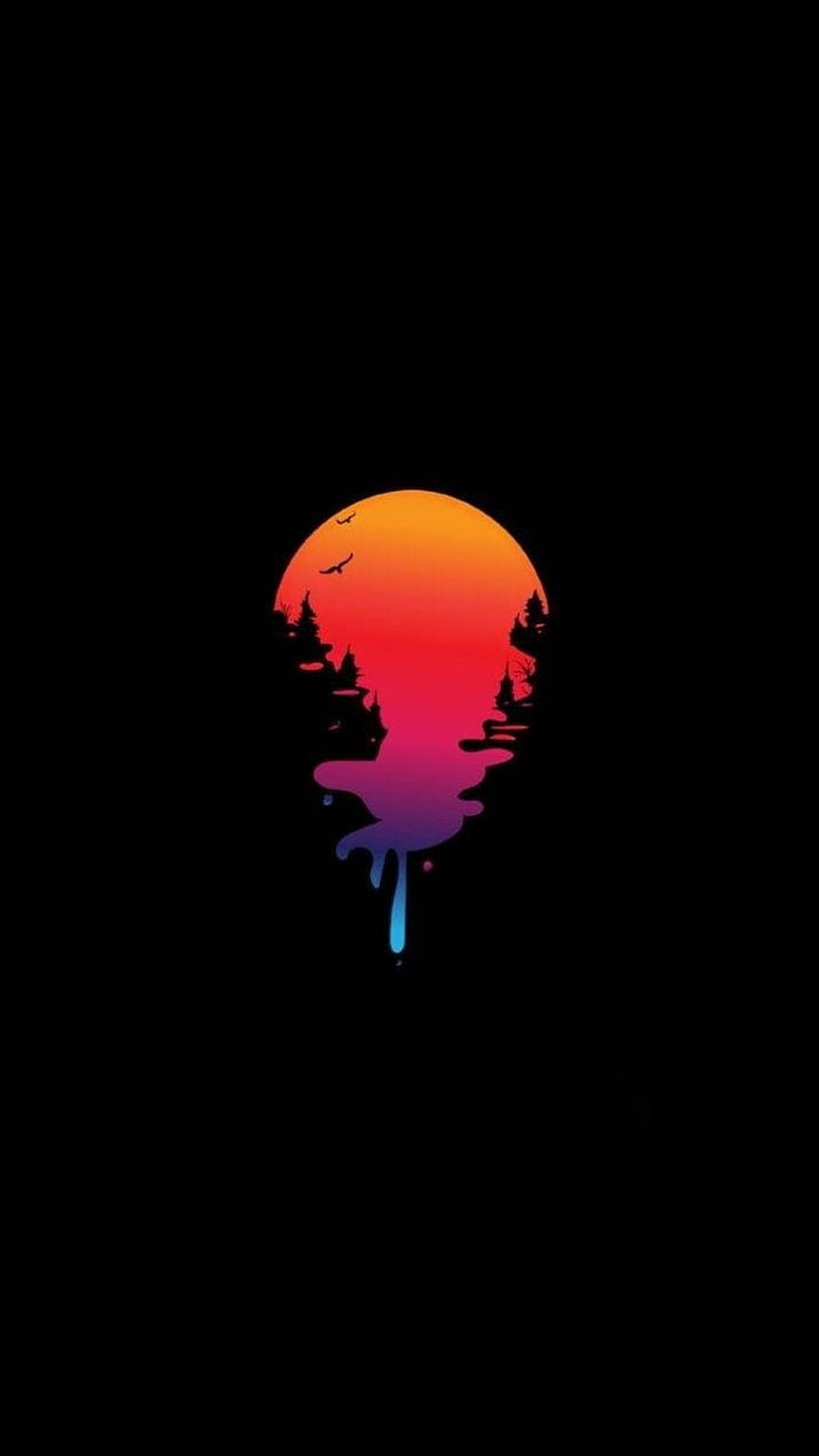 Drippy Aesthetic Sunset Silhouette with Forest and Birds on Black Background HD phone wallpaper
