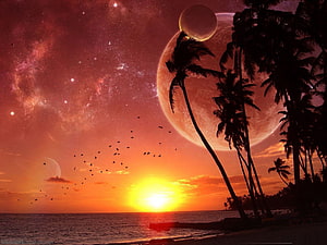 Tropical Beach at Sunset with Giant Planets and Starry Sky HD wallpaper