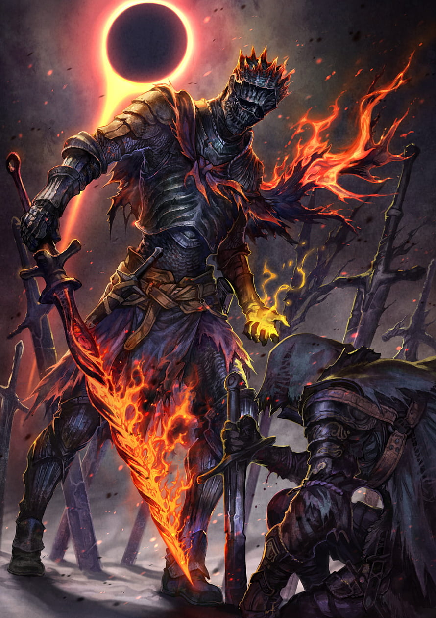 Soul of Cinder Dark Fantasy Knight Wielding a Blazing Sword Under a Solar Eclipse HD phone wallpaper