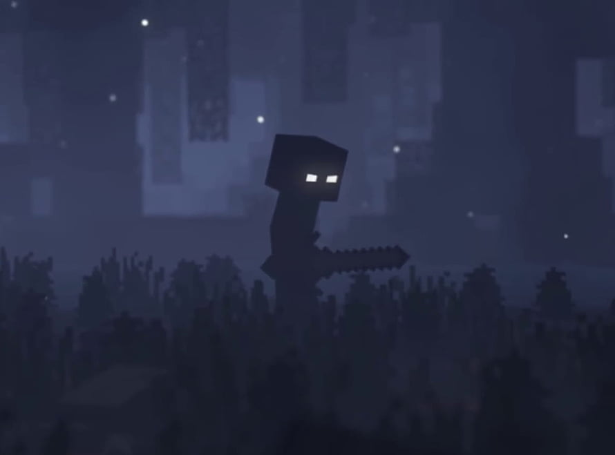 Herobrine Holding a Sword in a Dark Minecraft Forest at Night HD wallpaper