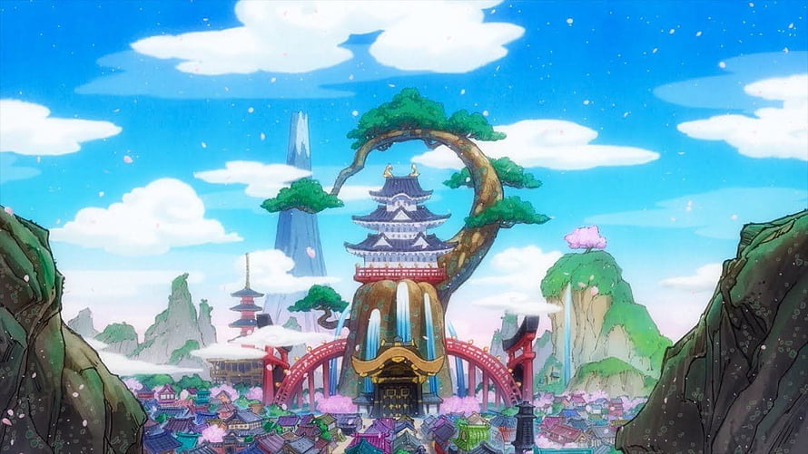 One Piece Wano Country Anime Landscape With Pagoda, Torii Gates, and Cherry Blossoms HD wallpaper