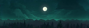 Full Moon Over Dark Mountain Range and Pine Forest at Night HD wallpaper