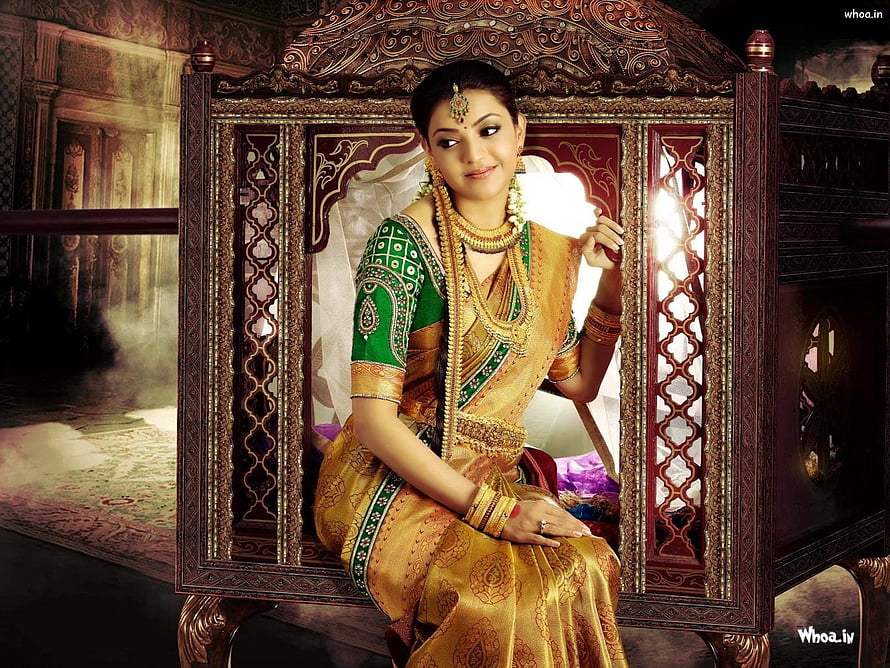Kajal Agarwal in Traditional Green and Gold Silk Saree with Designer Jewellery HD wallpaper
