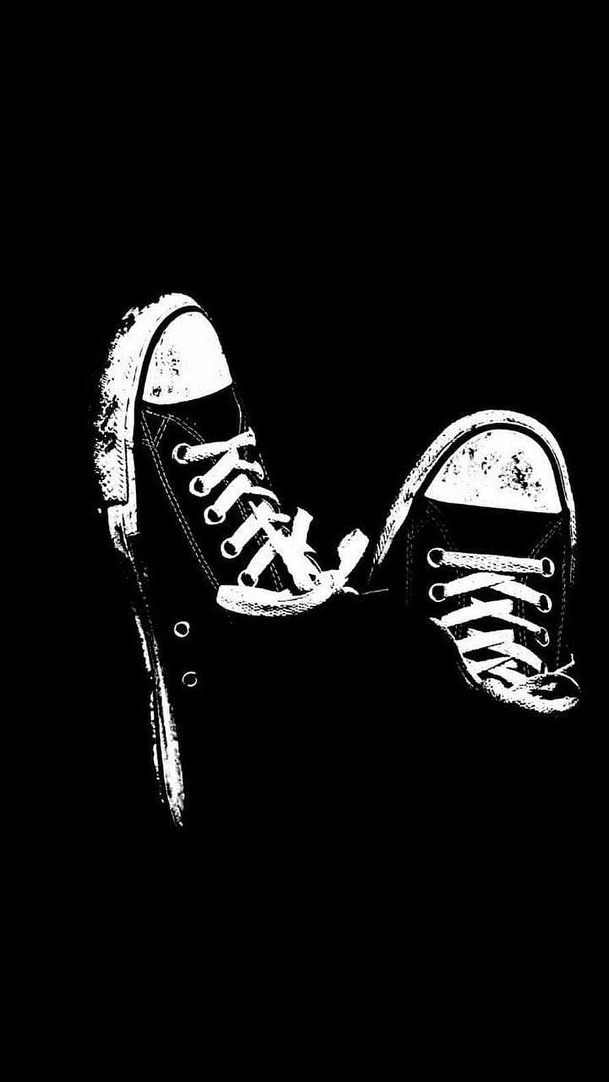 Monochrome High-Top Sneakers with White Laces on Black Background HD phone wallpaper