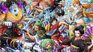 One Piece Wano Country Straw Hats and Onigashima Pirates in Dynamic Anime Battle Art HD wallpaper