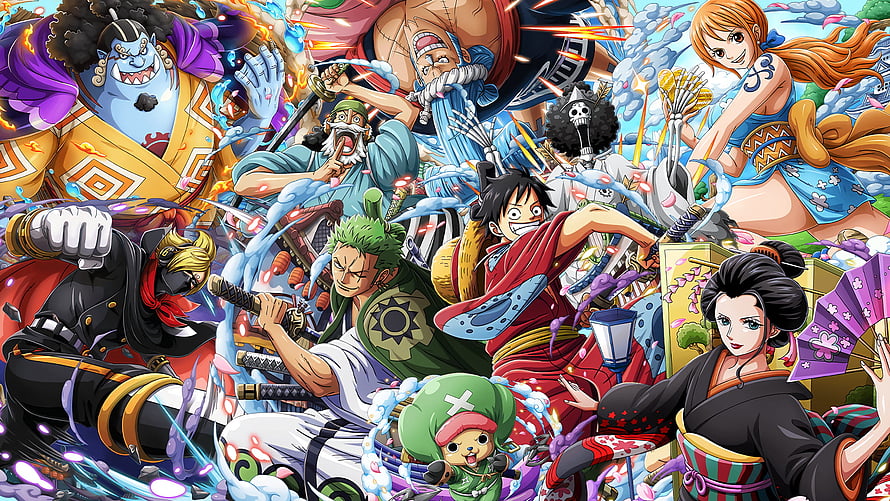 One Piece Wano Country Straw Hats and Onigashima Pirates in Dynamic Anime Battle Art HD wallpaper