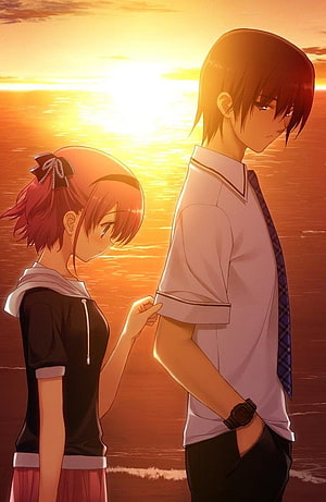 Anime Couple Walking on Beach at Sunset with Melancholic Mood HD phone wallpaper