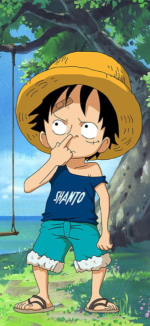Young Monkey D. Luffy in Straw Hat and Blue Tank Top Standing in a Lush Green Forest HD phone wallpaper