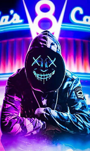 Neon LED Hacker Mask with Glowing X Eyes and Stitched Smile in Cyberpunk Hoodie HD phone wallpaper
