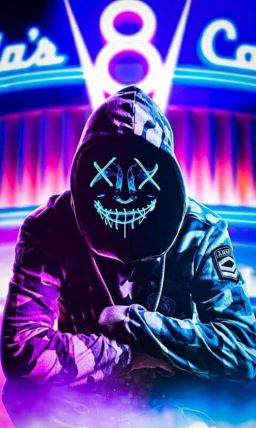 Neon LED Hacker Mask with Glowing X Eyes and Stitched Smile in Cyberpunk Hoodie HD phone wallpaper