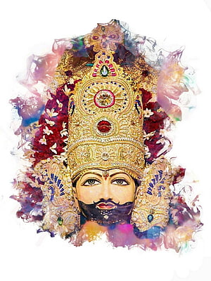 Shyam Baba ornate golden crown portrait with floral garlands and colorful smoke effects HD phone wallpaper