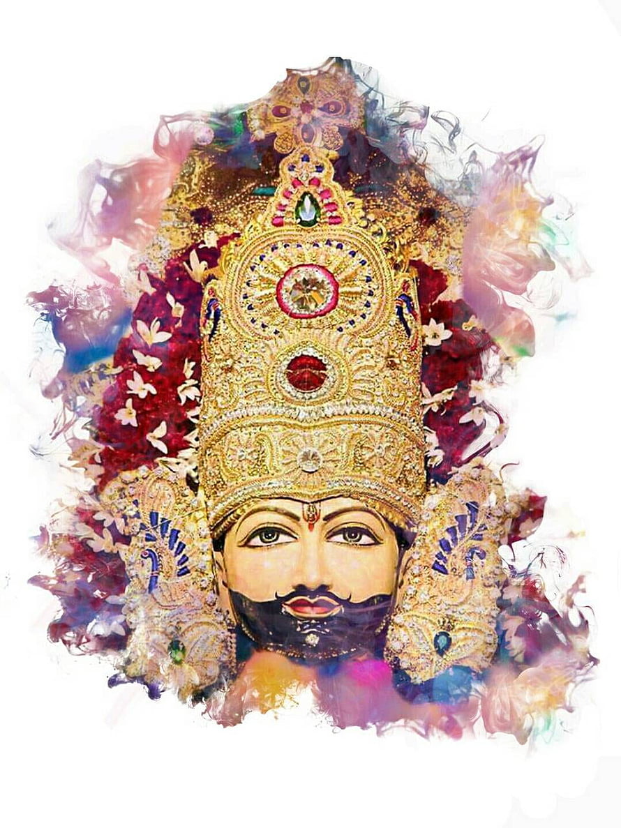 Shyam Baba ornate golden crown portrait with floral garlands and colorful smoke effects HD phone wallpaper