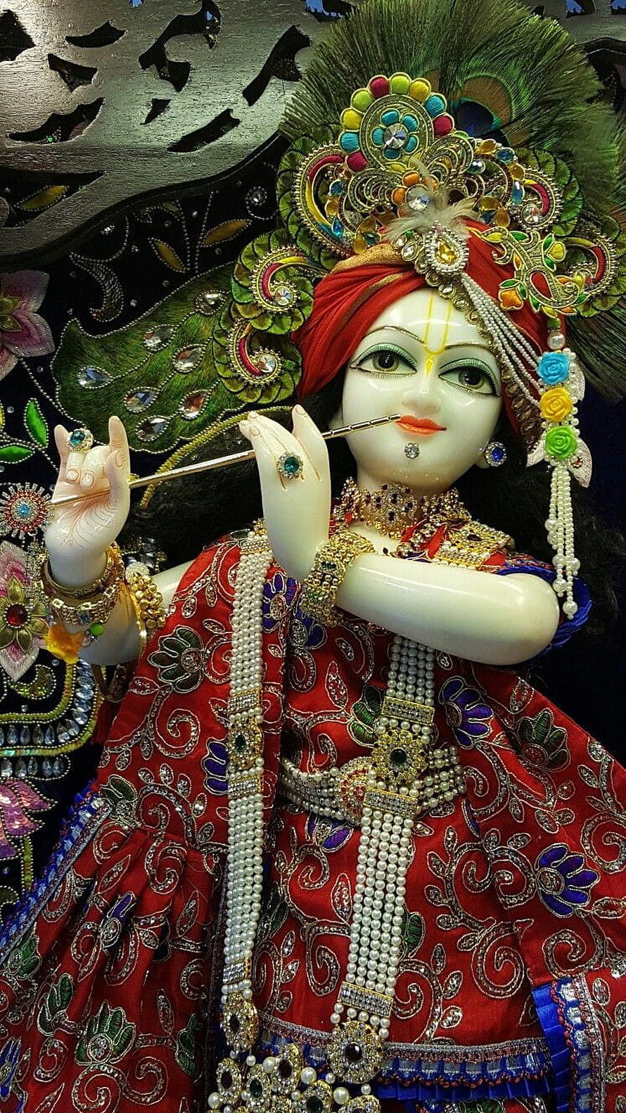 Radha Banke Bihari Murti Playing Flute in Ornate Red Attire HD phone wallpaper