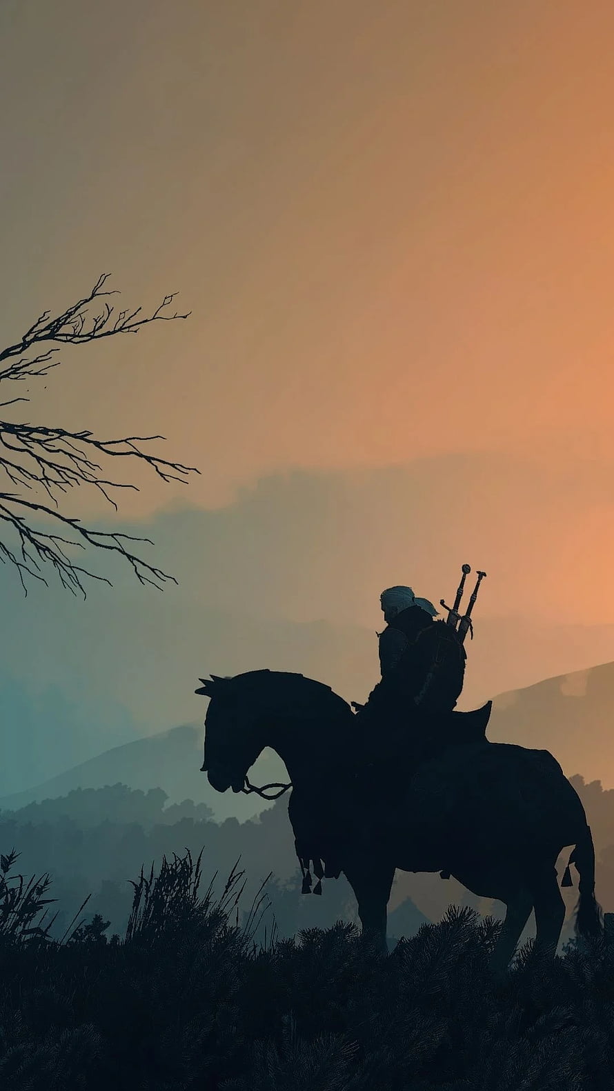 The Witcher 3 Wild Hunt Silhouette Rider at Sunset HD phone wallpaper