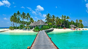 Tropical Island Resort with Wooden Boardwalk and Turquoise Lagoon HD wallpaper