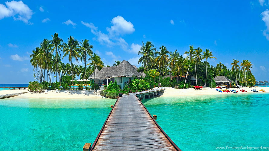 Tropical Island Resort with Wooden Boardwalk and Turquoise Lagoon HD wallpaper